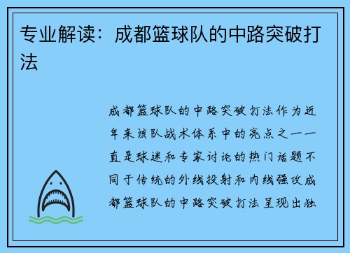 专业解读：成都篮球队的中路突破打法