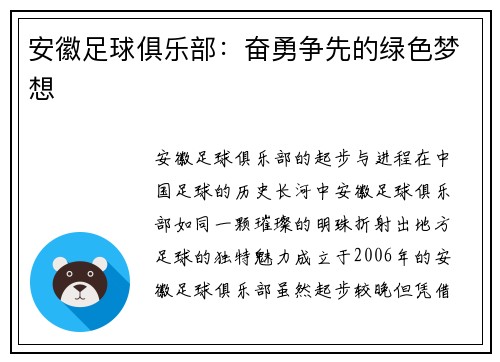 安徽足球俱乐部：奋勇争先的绿色梦想