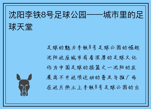 沈阳李铁8号足球公园——城市里的足球天堂