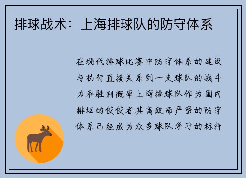 排球战术：上海排球队的防守体系