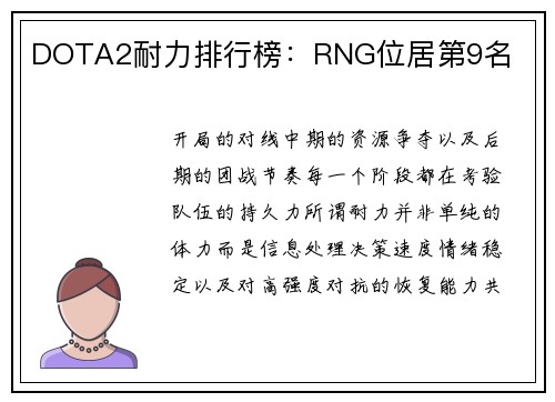DOTA2耐力排行榜：RNG位居第9名